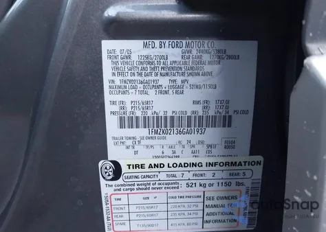 2006 Ford Freestyle Sel из США, поврежденный, VIN 1FMZK02136GA01937